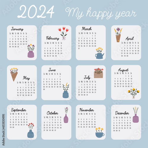 Printable hand drawn calendar 2024. Calendar grid. Sunday standard. Vertical Arrangement, Calendar of 12 Months, Cover Design Style Vector Illustration with hand drawn flowers in trendy style.