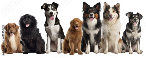 Happy smilling adult dogs of different breeds isolated on white background generative ai