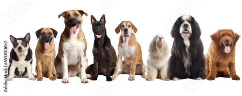 Happy smilling adult dogs of different breeds isolated on white background generative ai