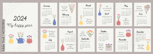Calendar 2024 template. Monthly calendar 2024 with hand drawn flowers and motivation quotes for every day. Sunday standard. Modern calendar for the office, organizer or for a gift. Design Template.
