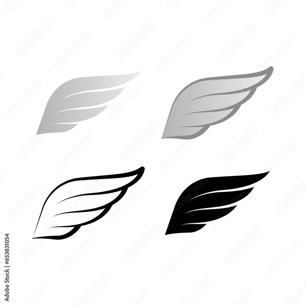 Wing bird element in left part. Flying wings symbol for badge, shield, bird, and logo. Angel wing. Wing, vector, icon, graphic, heraldic, minimal. Vector illustration. Design