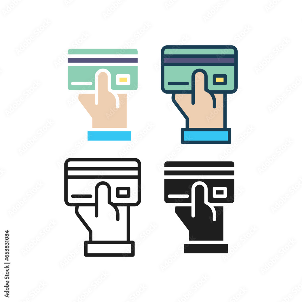 Hand holding credit card or ATM card for purchase. Payment by card in merchant as cashless payment method. Buy, credit card, hand, pay icon. Vector illustration. Design Hand holding credit card or ATM card for purchase. Payment by card in merchant as cashless payment method. Buy, credit card, hand, pay icon. Vector illustration. Design