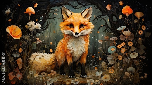 oil-painting of a cute fox in a beautiful magical forest scenery 