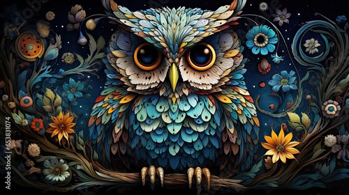 oil-painting of a cute owl in a beautiful magical forest scenery 