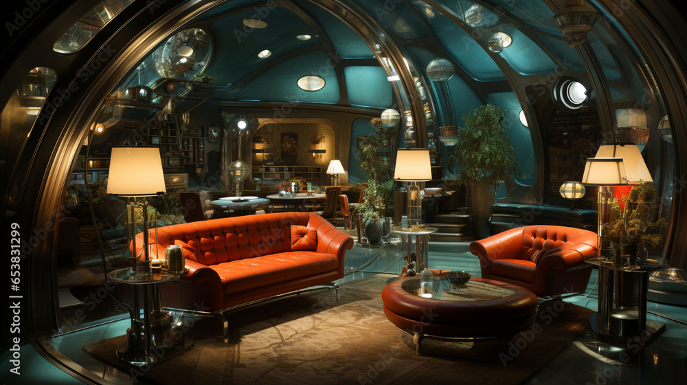 A 1930s-style lounge with holographic entertainment, Retrofuturism