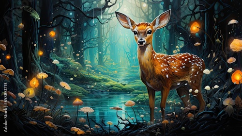 oil-painting of a cute deer in a beautiful magical forest scenery 