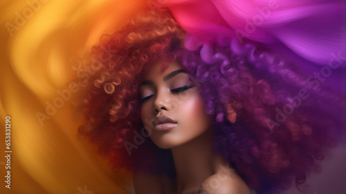 Vibrant Curls  A Woman Flaunting Natural Afro-Textured Curly Hair in Gradient Orange and Purple Hues Against a Colorful Background.