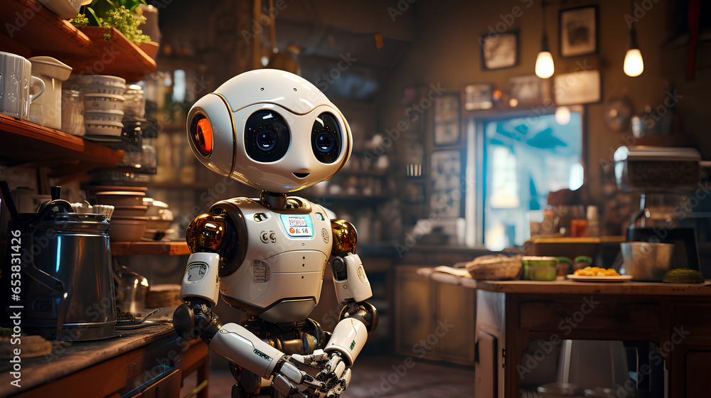 A cu robot chef , cooking in a kitchen and showcasing culinary skills. Generative AI A cu robot chef , cooking in a kitchen and showcasing culinary skills. Generative AI