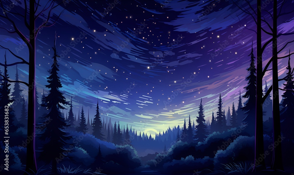 beautiful forest and night sky painting, ai generative beautiful forest and night sky painting, ai generative