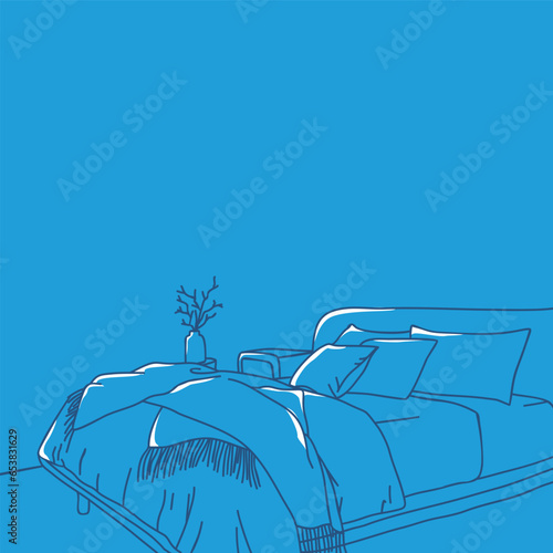 Blue line art illustration of a bed with two pillows