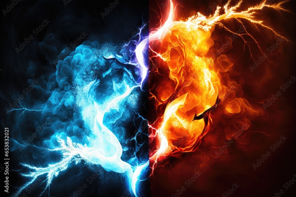 Obraz premium Fiery lightning on a black and blue background. Abstract background