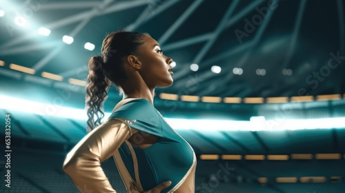 Beautiful african american sportswoman looking away at stadium