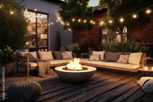 Modern outdoor patio with a built-in concrete bench adorned with vibrant patterned cushions, a low-profile fire pit, and a series of globe string lights illuminating the space © DailyStock
