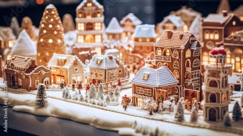 Cozy Christmas gingerbread village town greeting card. Little tiny toy christmas gingerbread village on white snow. Christmas night gingerbread houses on snowy winter light background