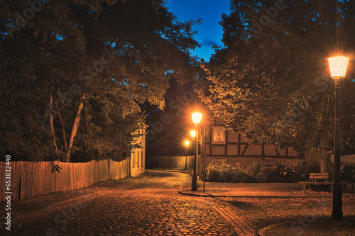 Street in Night - Strasse - Kopfsteinpflaster - Gasse - Laterne - Dunst - Nebel - Licht - Baruth - Deutschland - Brandenburg