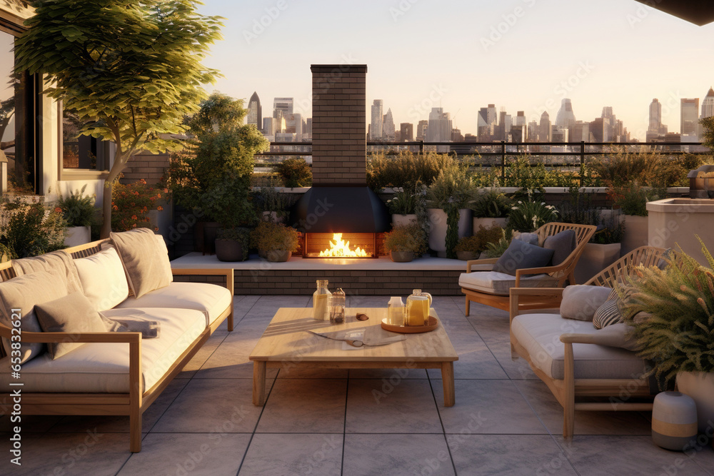 View of A modern rooftop terrace with a built-in seating area, an outdoor ...