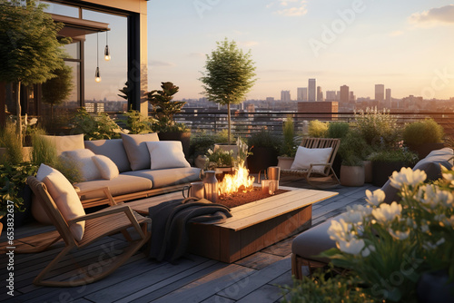 A modern rooftop terrace with a built-in seating area, an outdoor fireplace with a geometric facade, and a mix of potted plants and greenery, create a serene and stylish urban retreat photo