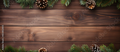 Christmas and New Year decoration composition. Top view of fur - tree branches on wooden background with place for your text