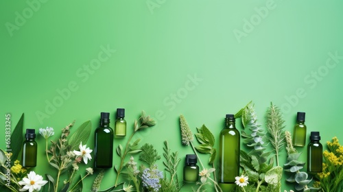 Green essential oil bottles with herbs on green. photo