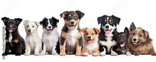 Happy smilling dog puppies of different breeds isolated on white background generative ai