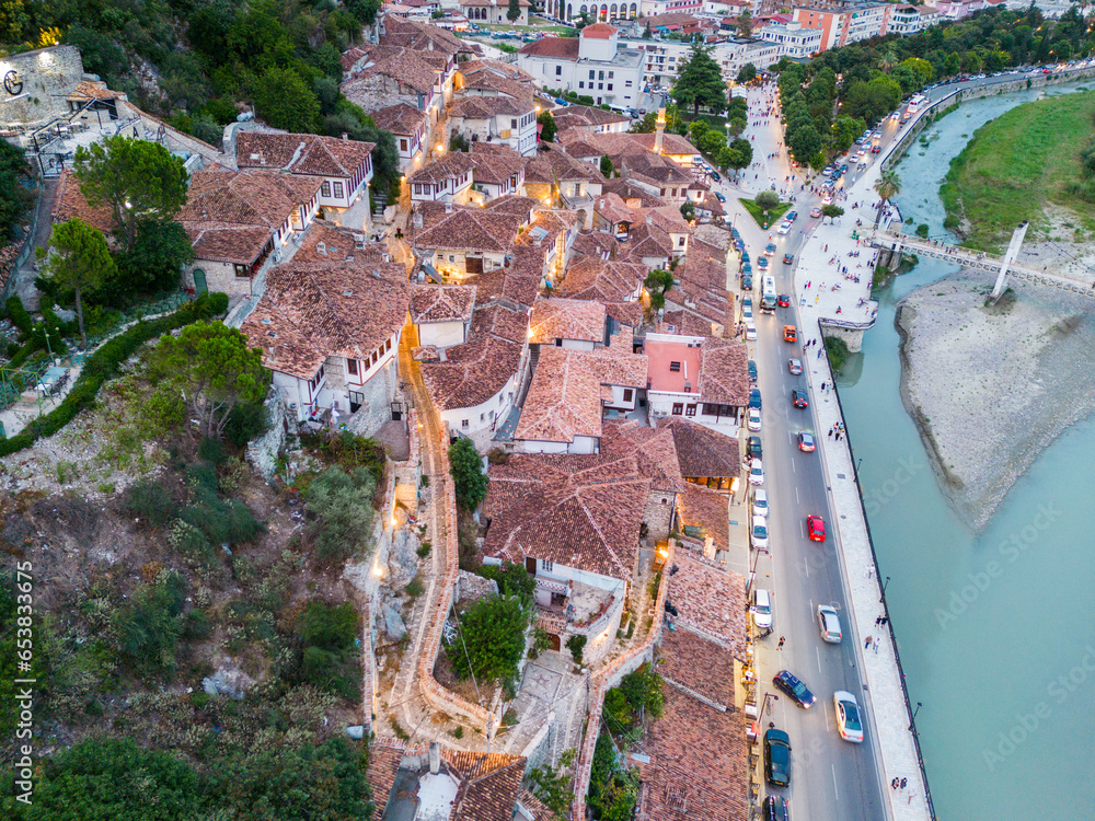 View of Mangalem neighbourhood in Berat Albania