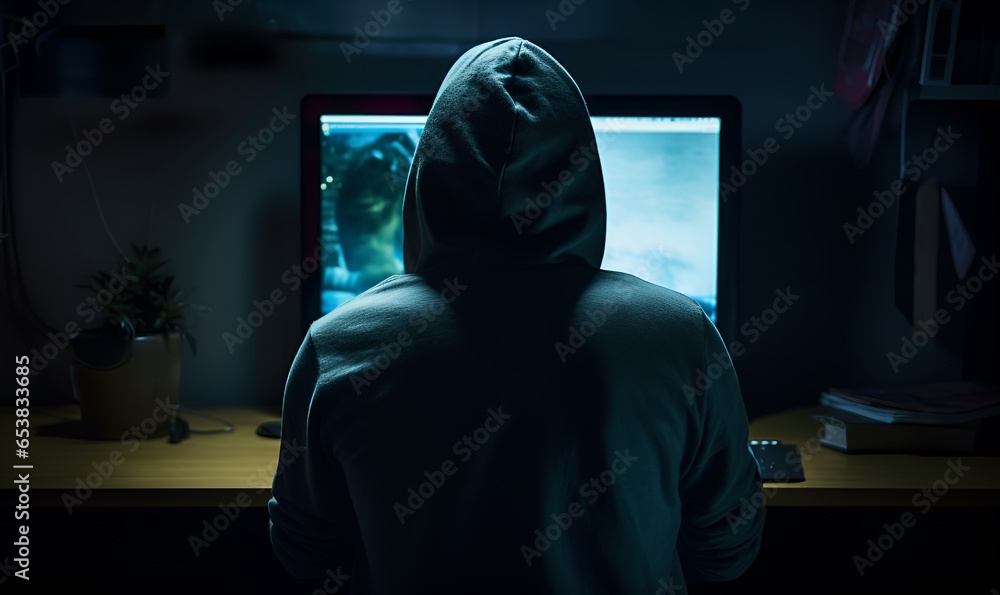 Mysterious male hacker facing the monitor, ai generative Mysterious male hacker facing the monitor, ai generative