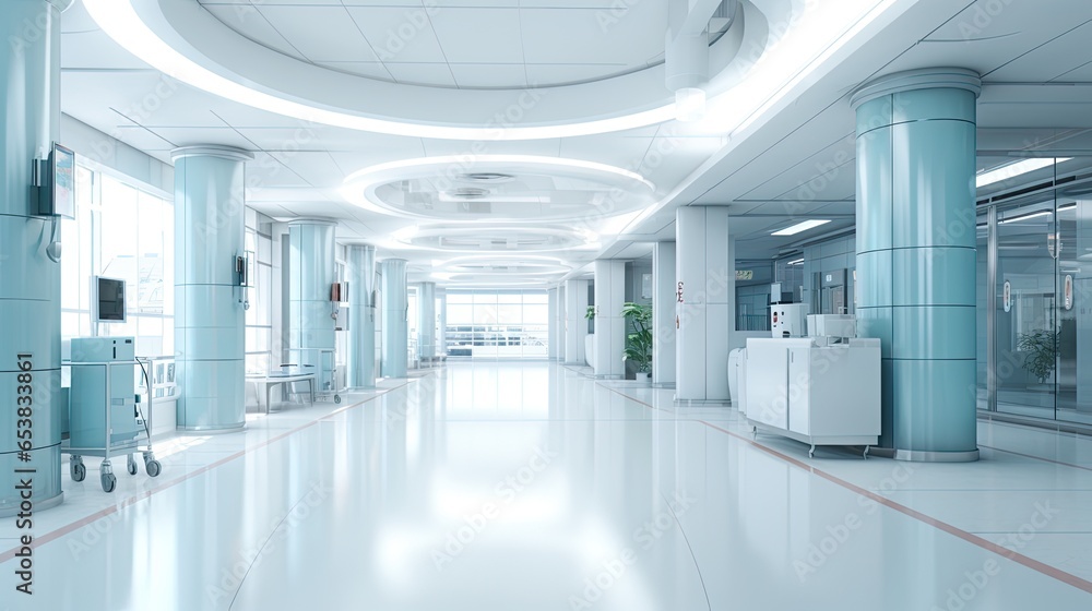 Futuristic hospital corridor with sleek design and daylight. Futuristic hospital corridor with sleek design and daylight.