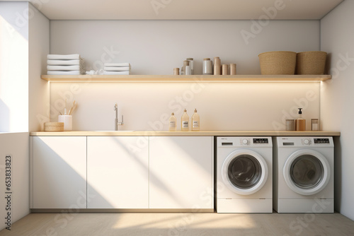 A minimalist laundry room with sleek, white cabinetry, a concealed washer and dryer, and a single open shelf displaying a collection of minimalist storage containers photo