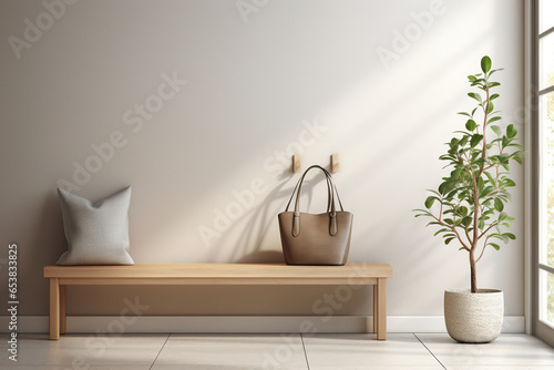 A minimalist mudroom with a built-in storage bench, concealed coat hooks, and a single statement vase holding a minimalist arrangement of branches