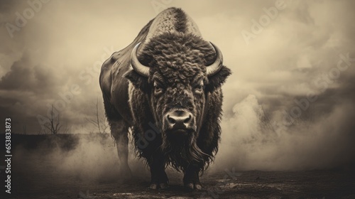 Vintage sepia-toned photograph of an American bison.