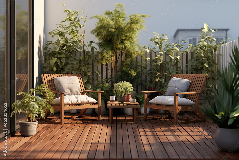 A Scandinavian outdoor patio, featuring a wooden deck, neutral-toned outdoor furniture, and potted plants