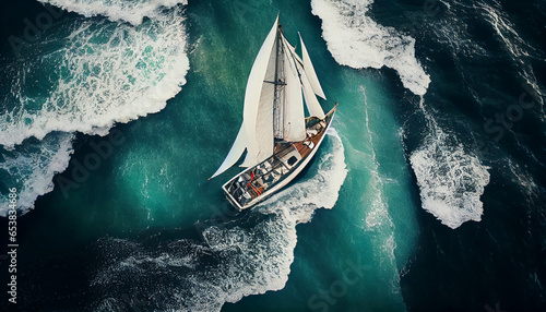 From above view sailing boat on rough sea, background, Ai generated image photo