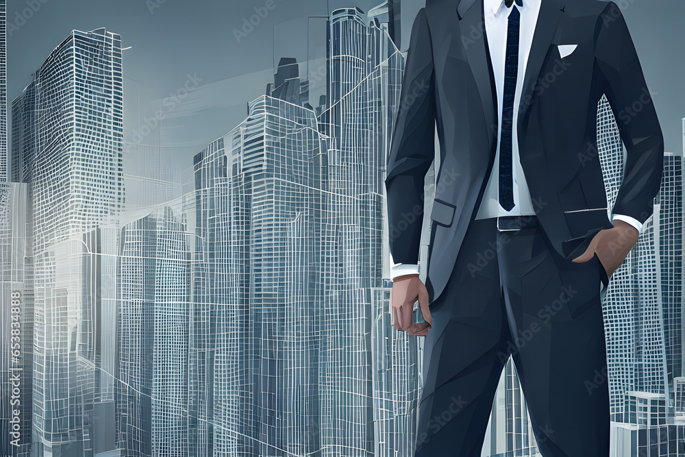 Businessman in professional work attire black suit and tie on abstract graphic city skyline render background corporate worker lifestyle Abstract Business 3D poly render style Businessman in professional work attire black suit and tie on abstract graphic city skyline render background corporate worker lifestyle Abstract Business 3D poly render style
