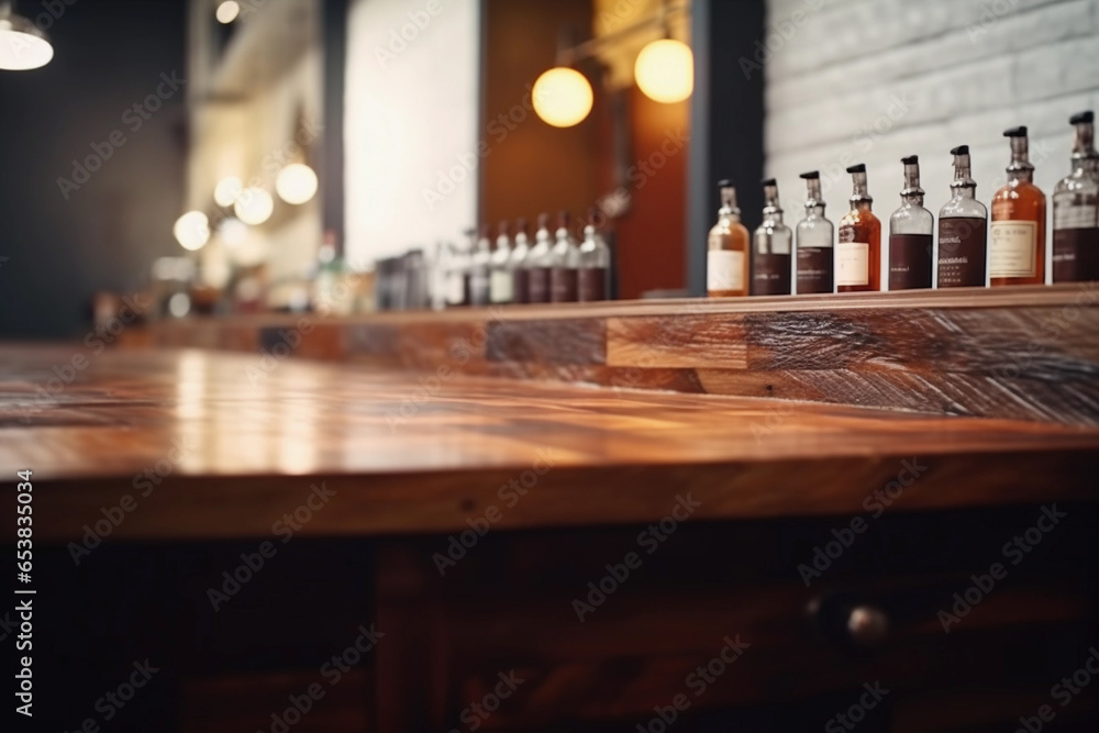 Empty Wooden Counter in Pub for Alcohol Product Presentation. Generative Ai.