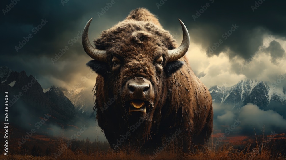 Naklejka premium Realistic portrait of an American Bison in the wild