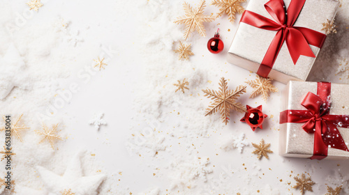 Christmas background with white red gift wrap and festive holiday decorations, top view,