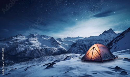 Breathtaking winter landscape with a tent on a snow-covered peak under a starry sky.
