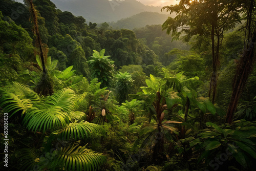 Enchanting Tropical Rainforest Landscape at Sunrise. Generative Ai.