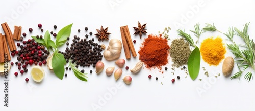 Top view of different herbs and spices separated on a white backdrop