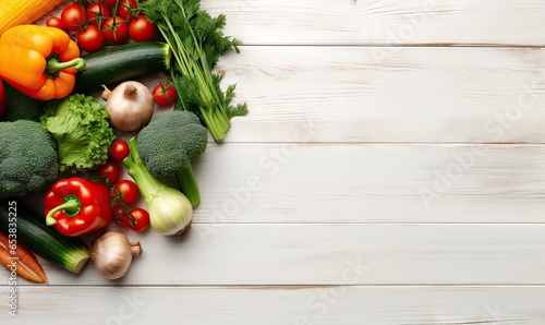 Top view vegetables on light wood background.