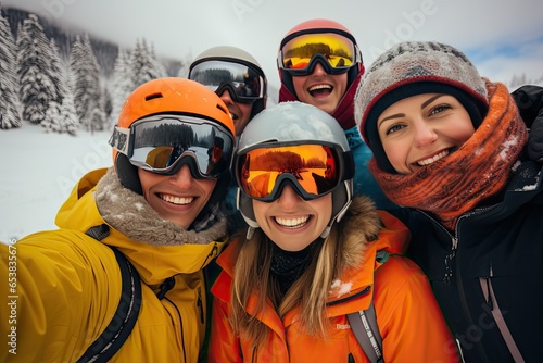 friends taking selfies on the ski slope on winter holidays 