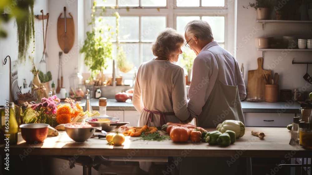 A senior couple is seen participating in a cooking class during their travel. They are joyfully engaged in preparing a meal, showcasing their culinary skills and enjoying their retirement life.