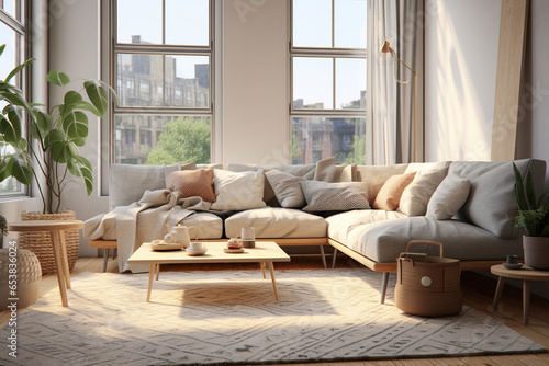 Modern living room with large windows, featuring a light gray sofa, a geometric patterned rug, and a natural wood coffee table with hairpin legs photo