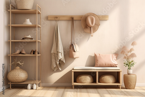 Modern mudroom with a built-in storage bench, a collection of woven baskets for shoes and accessories, and a simple coat rack in Scandinavian style photo