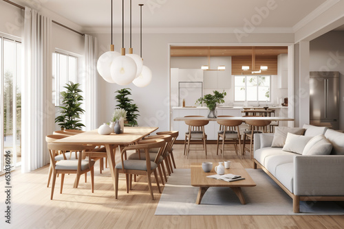 Modern living and dining area  featuring a low-profile gray sofa  a natural wood dining table surrounded by white molded chairs  and a minimalist  geometric chandelier in Scandinavian style