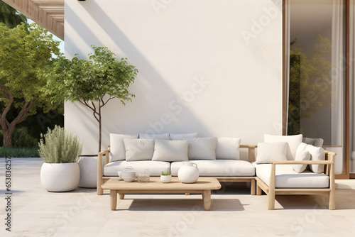 Modern minimalist outdoor patio, featuring clean-lined outdoor furniture, neutral-toned cushions, and potted greenery, Scandinavian style photo