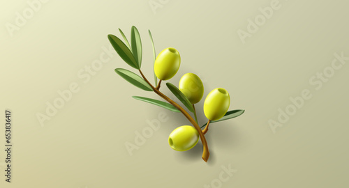 Green olives branch with leaves, 3d realistic render illustration, olive oil