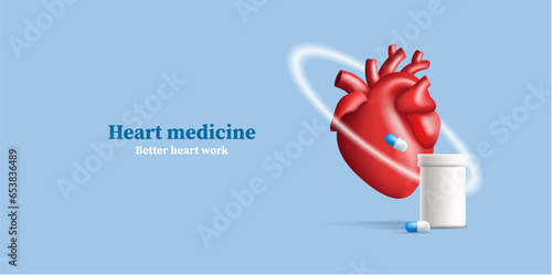 Realistic heart illustration with pills bottle and protective ring, 3d render illustration, medical treatment