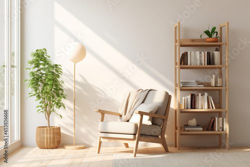 A warm Scandinavian reading nook  with a comfortable armchair  a neutral-toned area rug  and a wooden bookshelf