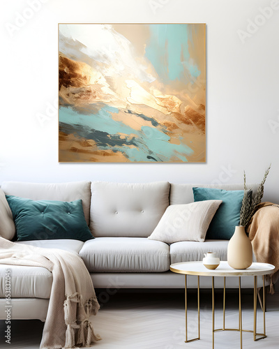Modern Living Room with Sofa and Artwork Art Piece photo